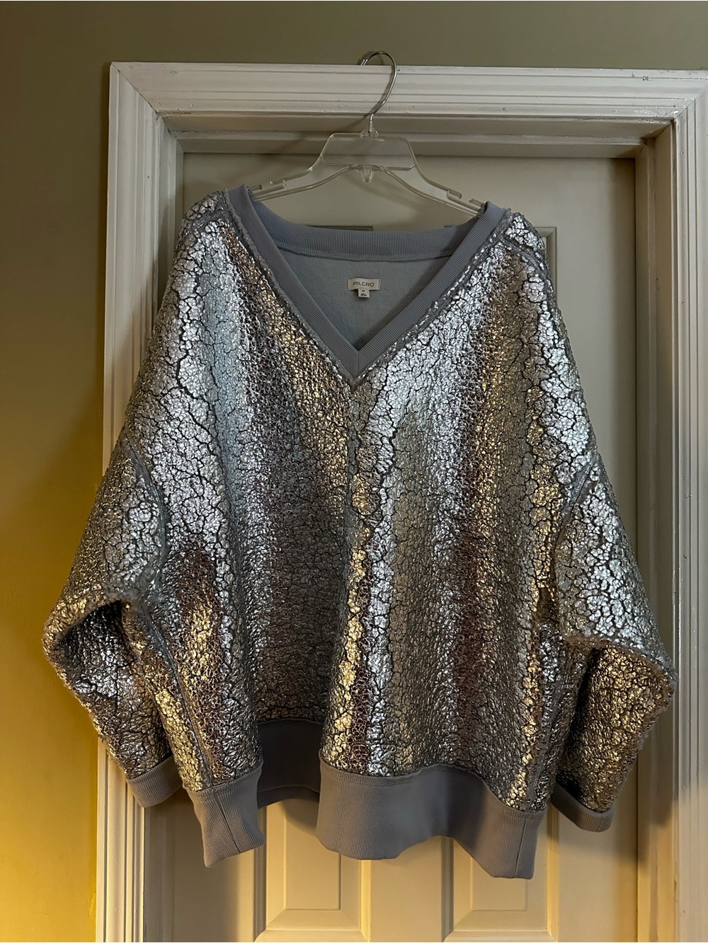 Pilcro Metallic Silver Sherpa V-Neck Women's Sweater